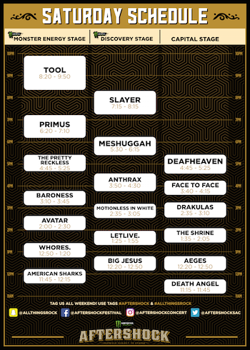 Monster Energy AFTERSHOCK 2016 Saturday (October 22) performance schedule
