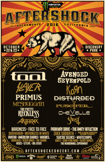 Monster Energy AFTERSHOCK 2016 flyer with band lineup and venue details