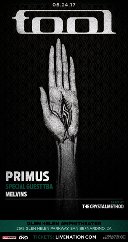 Flyer for Tool at Glen Helen Amphitheater with Primus, Melvins, The Crystal Method & more TBA