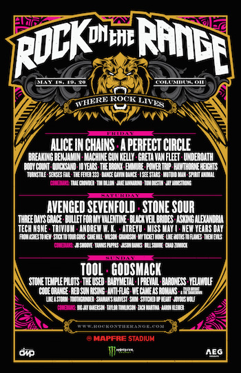 Rock On The Range flyer with daily music and comedy lineups 