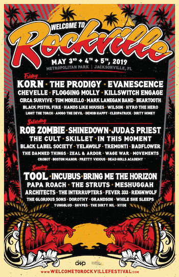 Welcome To Rockville flyer with daily band lineup & show details