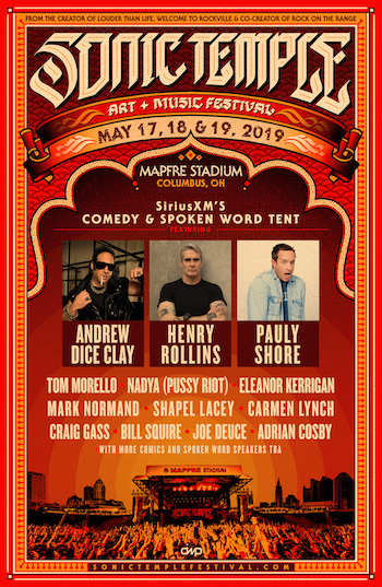 Sonic Temple Art + Music Festival flyer with comedy & spoken word lineup