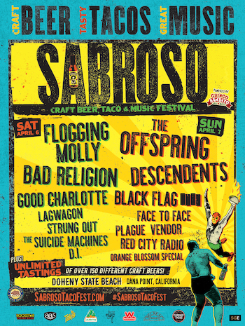 Sabroso Craft Beer, Taco & Music Festival flyer with band lineup and show details