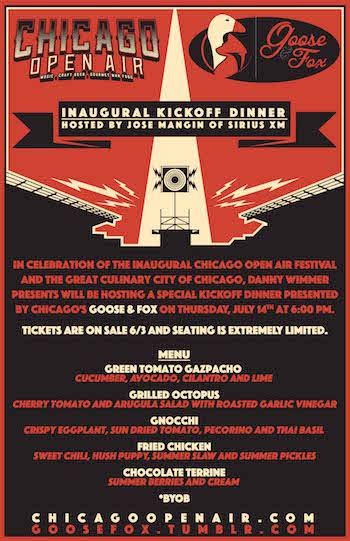 Menu and details of the Chicago Open Air Inaugural Kickoff Dinner at Goose & Fox, hosted by Jose Mangin of SiriusXM