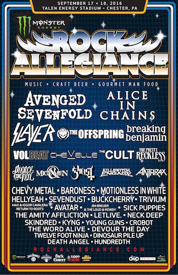 Monster Energy Rock Allegiance flyer with band lineup and venue details