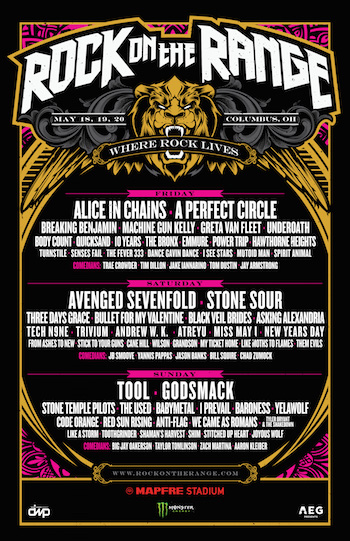Rock On The Range flyer with daily music and comedy lineups