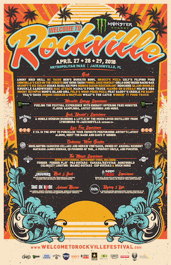 Monster Energy Welcome To Rockville flyer with list of food & beverage vendors and secondary entertainment experiences